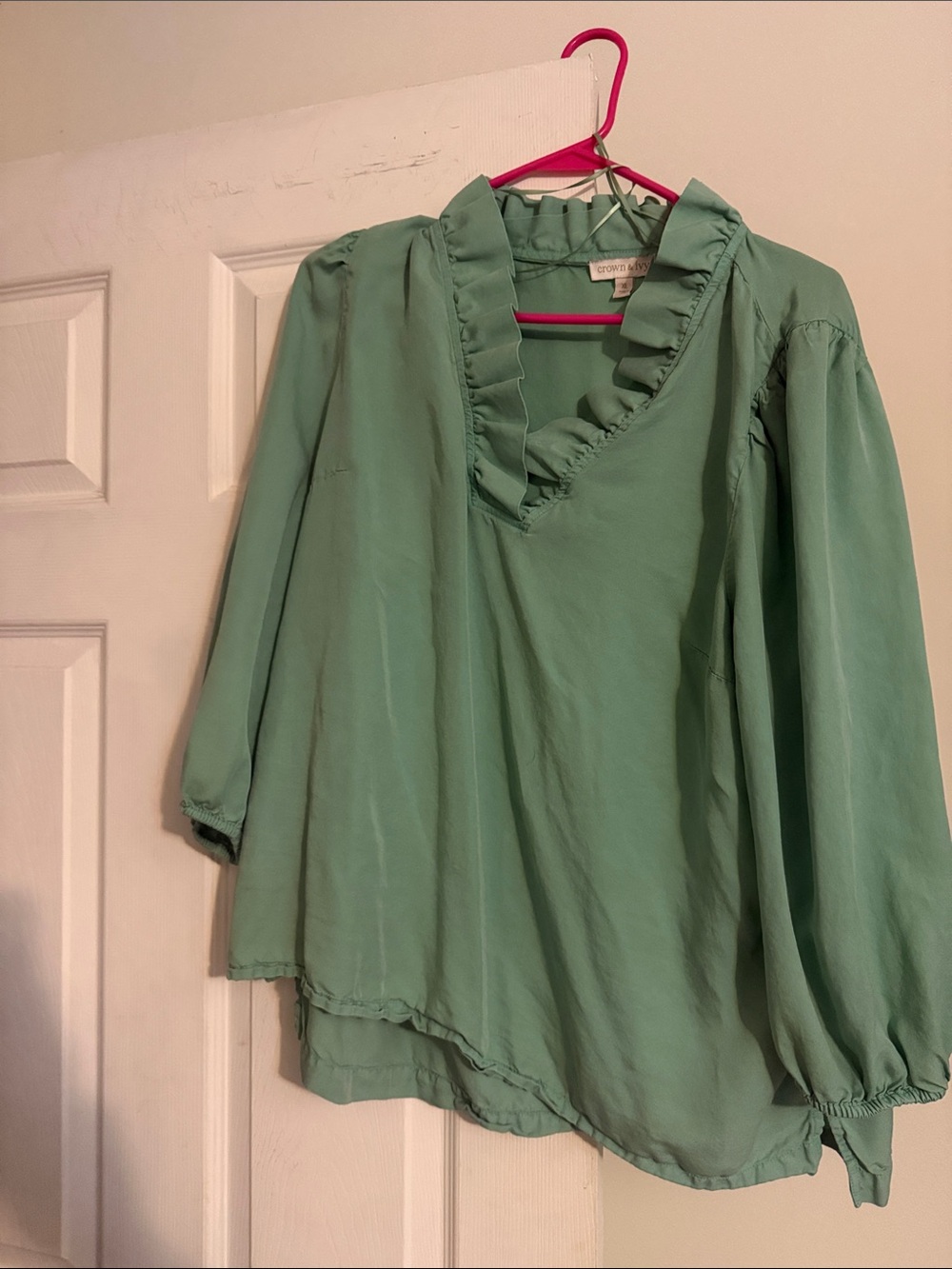 crown & ivy Mint Green Ruffle V-Neck Blouse